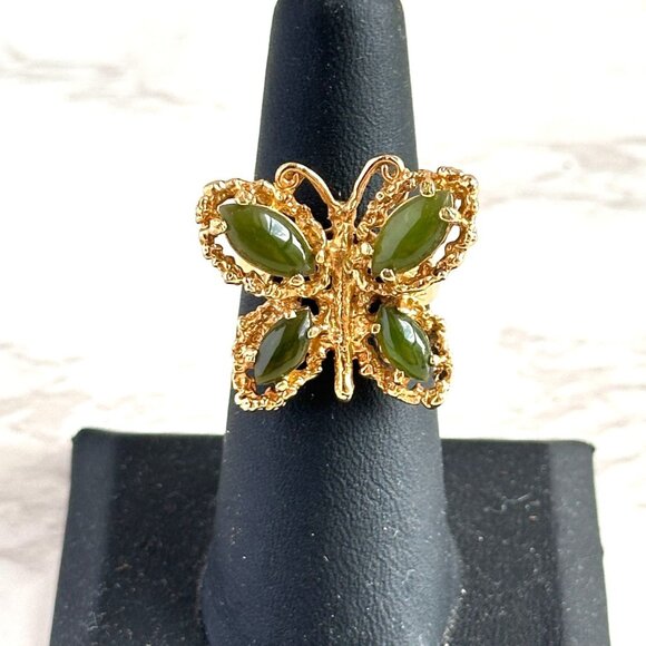 Gold Plated Butterfly Ring, Nephrite Jade Cabochons, Size 6.5, Statement Ring - Picture 3 of 10
